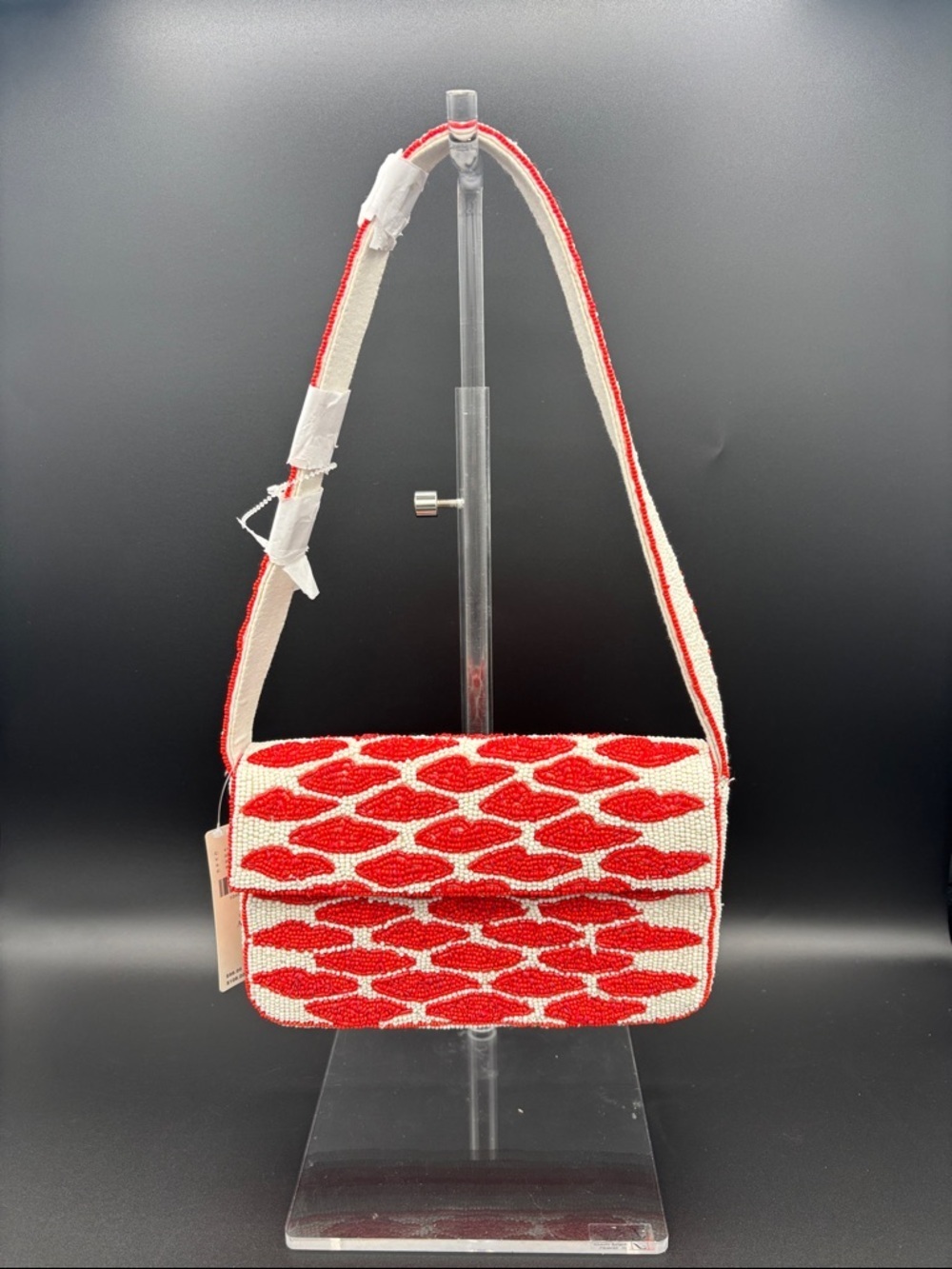 Anthropologie Fiona Beaded Red Lips Shoulder Bag - Red and White